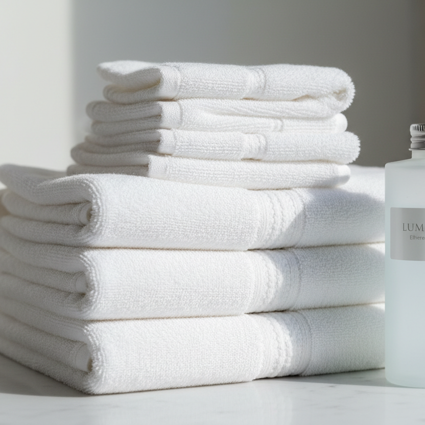 il flacone del detersivo di fianco agli asciugamano piegati