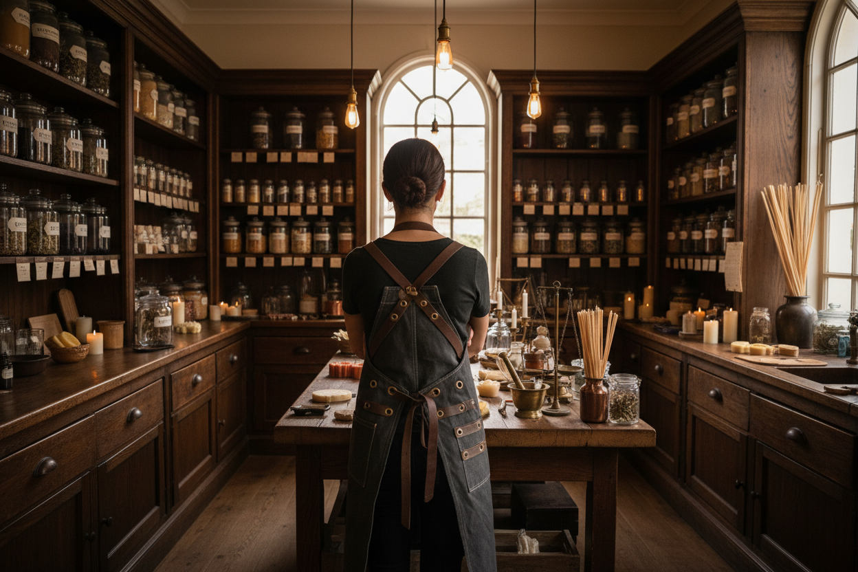 una donna che lavora in un laboratorio artigianale, non si deve vedere la faccia ma lei deve indossare un grembiule un po industrial e ha le braccia conserte, il laboratorio arredato con mobioi di legno scuro quasi come una vecchia farmacia o un laboratorio di cosmesi o candele di un tempo